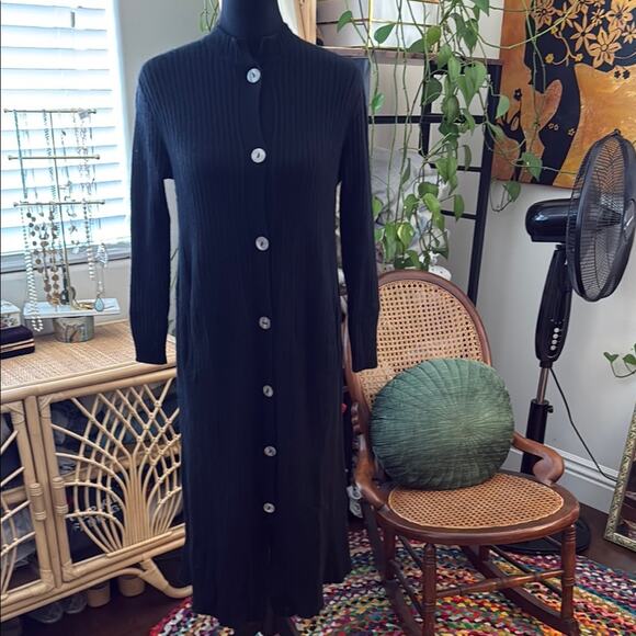 Neiman Marcus Black Cashmere Button Up Midi Maxi Cardigan Duster Sweater - Picture 1 of 3